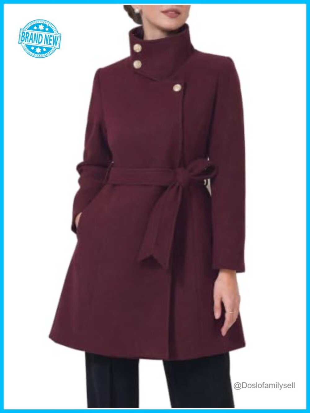 Women's Winter Peacoat Stand Collar Trench Coat with Pockets